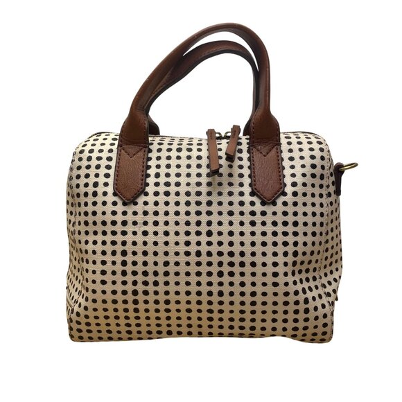 Fossil Women’s White/Black Polka Dot With Brown Handles Duffel Satchel Tote - Picture 3 of 12
